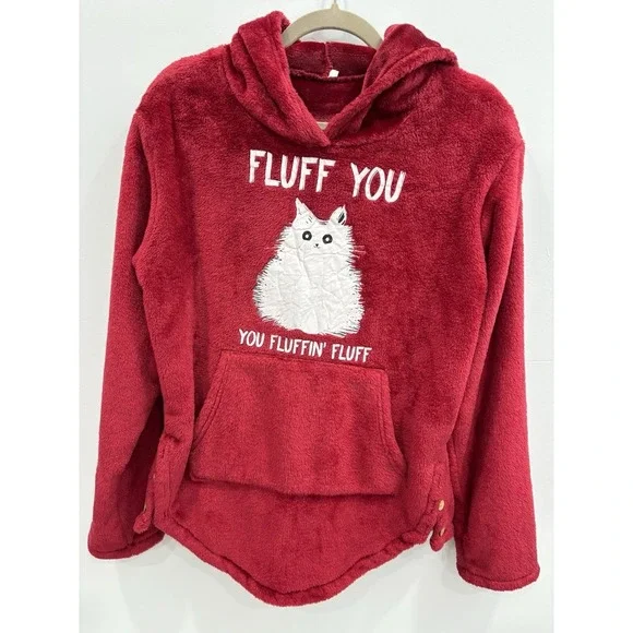 Red Fuzzy Hoodie Whiskers Sweatshirt "Fluff You" Cat Graphic Cozy M Cat Lady - Picture 5 of 10